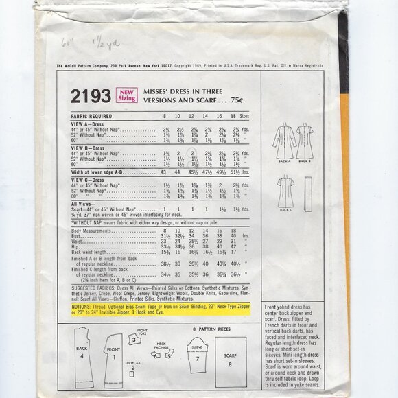Retro 1960s McCall's Pattern #2193 Size 12 Misses Dress in 3 Versions - Picture 2 of 3